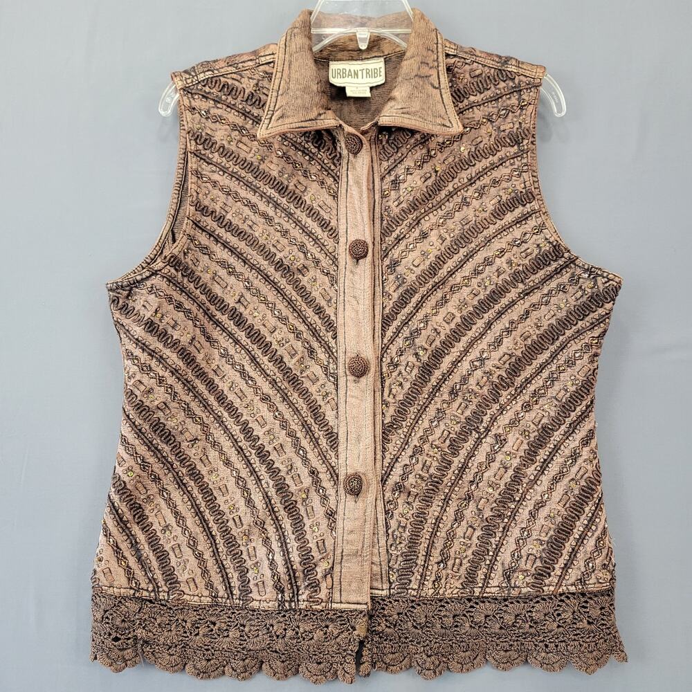 Urban Tribe Brown Vest Geometric Stripe Lace Button Up Classic Y2k Womens Size L